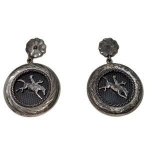 VINTAGE EARRINGS STERLING SILVER SCREW-BACK POST WESTERN BRONCO DESIGN EAR RINGS
